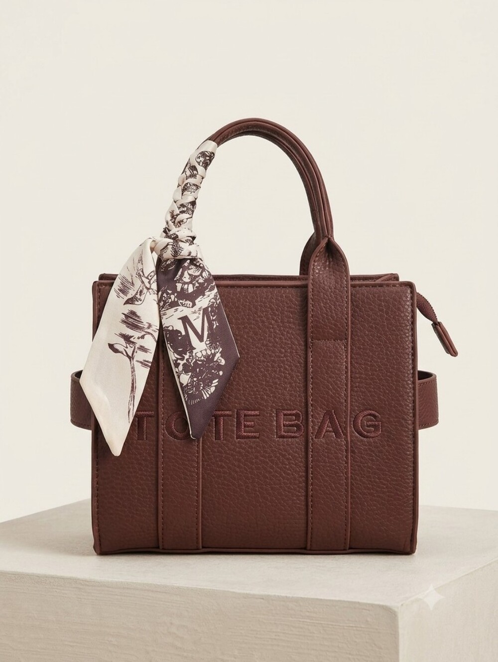 Brown Vegan Leather Mini Tote Bag with Scarf Detail (Mystery Gift Inside)